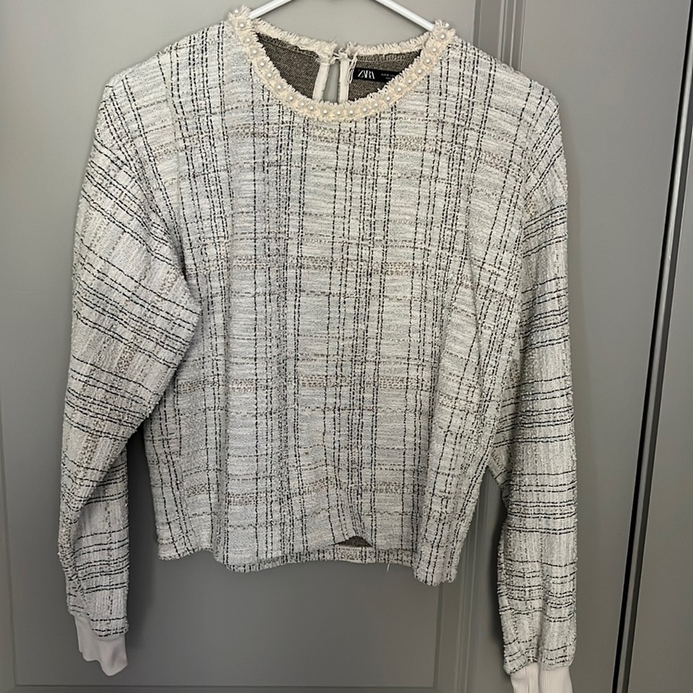 Zara Tweed Pearl Neck Sweater
